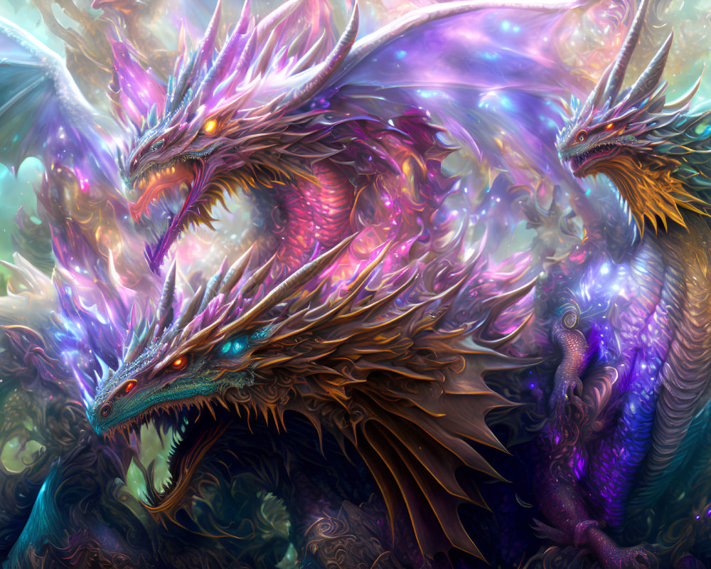 Colorful digital artwork: Three majestic dragons in vibrant landscape