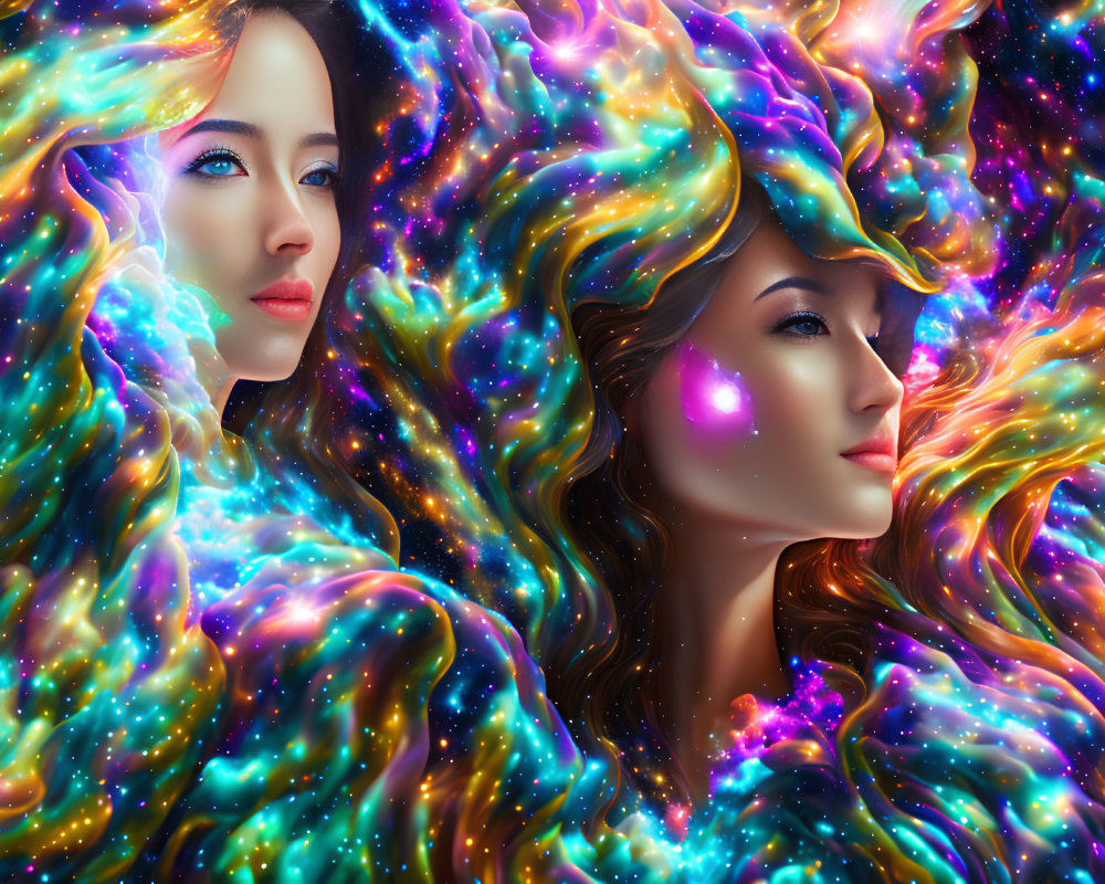 Women's Hair and Skin Blended Into Cosmic Nebula Artwork