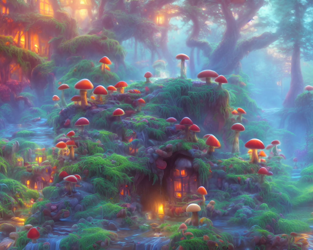 Vibrant oversized mushrooms in enchanted forest with quaint house and mystical light