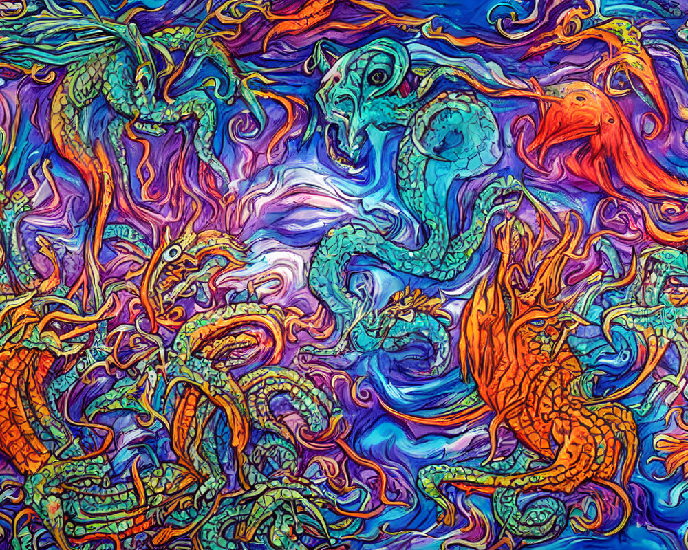 Colorful Dragon Artwork with Swirling Blue and Purple Patterns