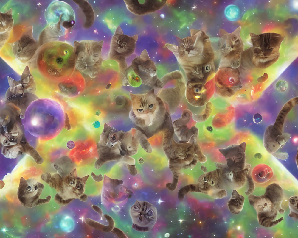 Colorful Cosmic Cat Collage with Nebulas and Planets