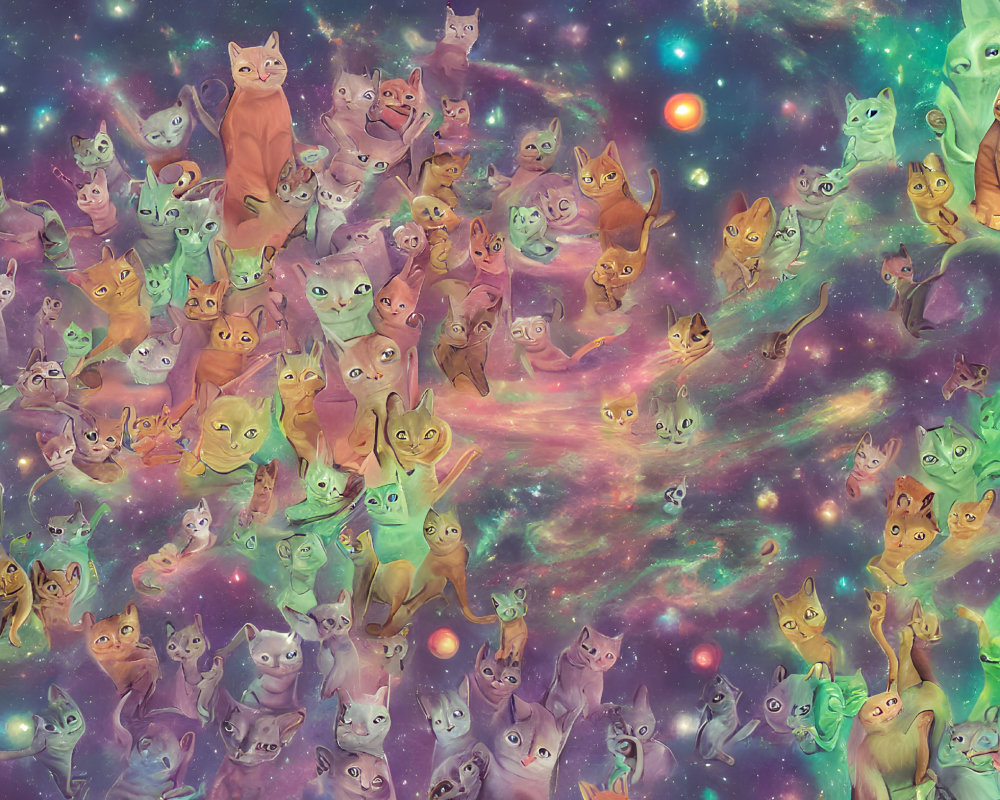 Whimsical cartoon cats in cosmic nebula with stars