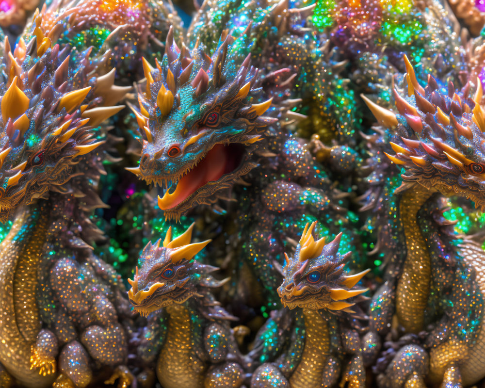 Colorful Dragon Sculptures on Glittering Background