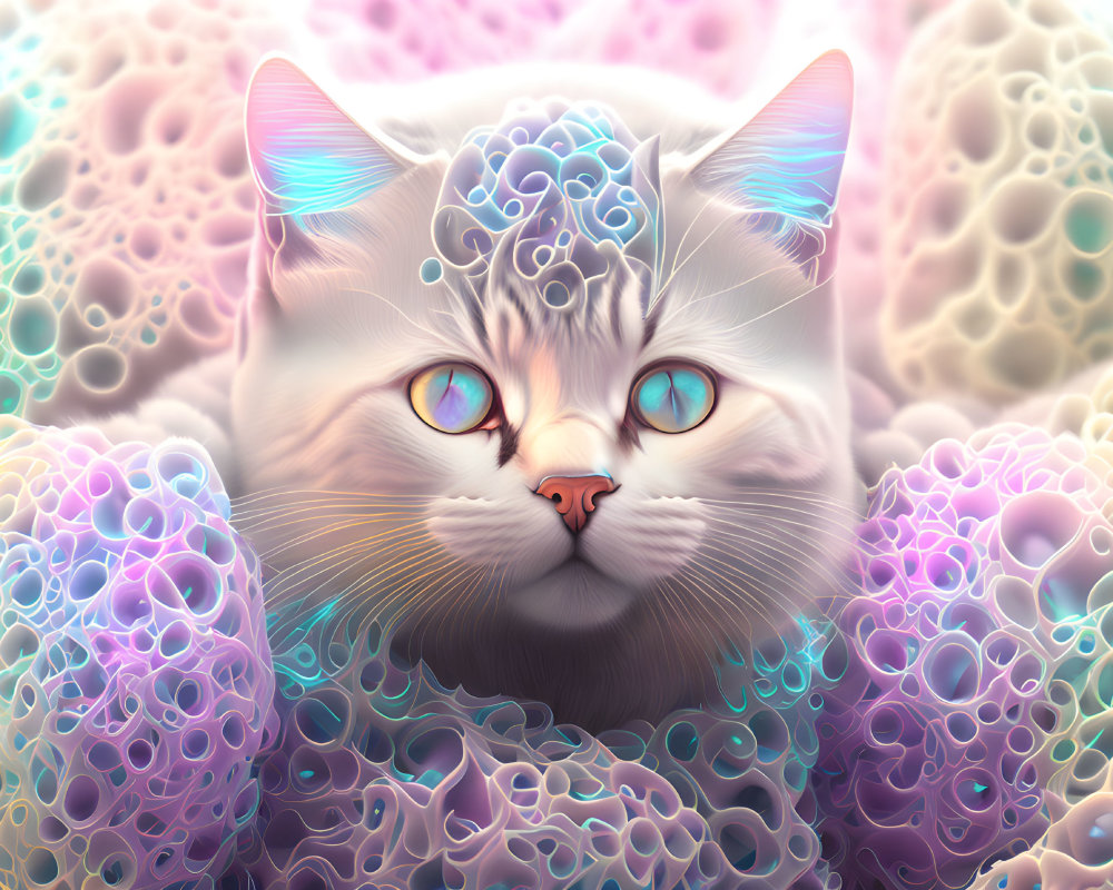 Colorful Stylized Cat Art with Intricate Patterns and Bubbles