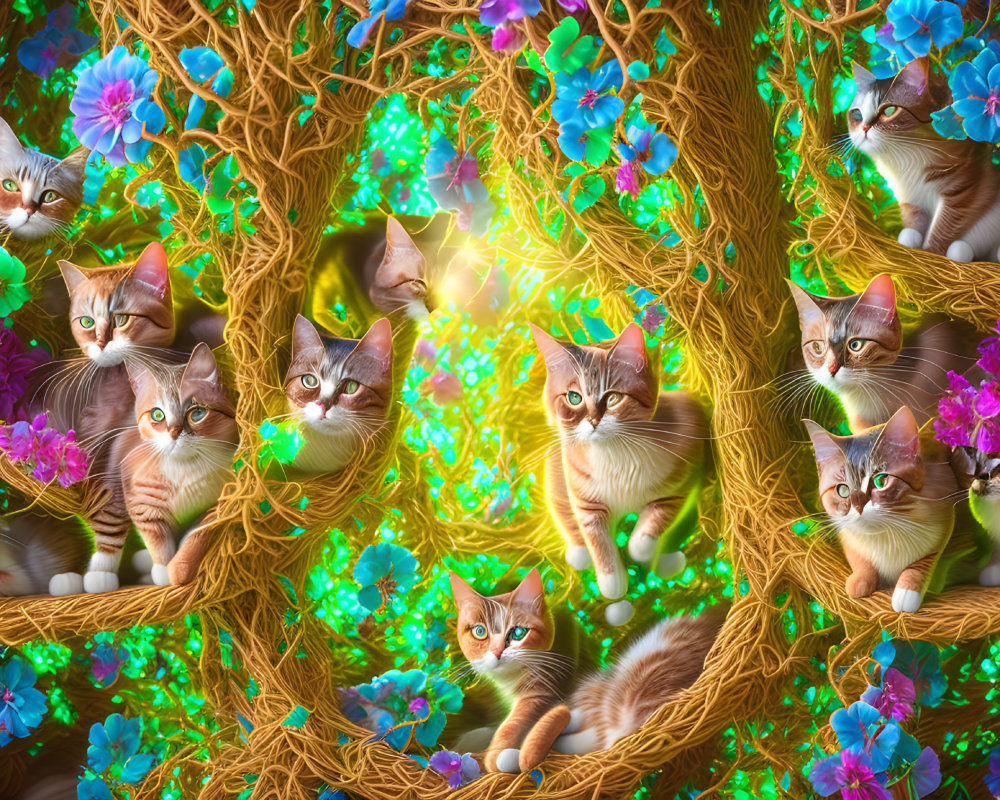 Vibrant illustration of cats in branches with glowing magical elements