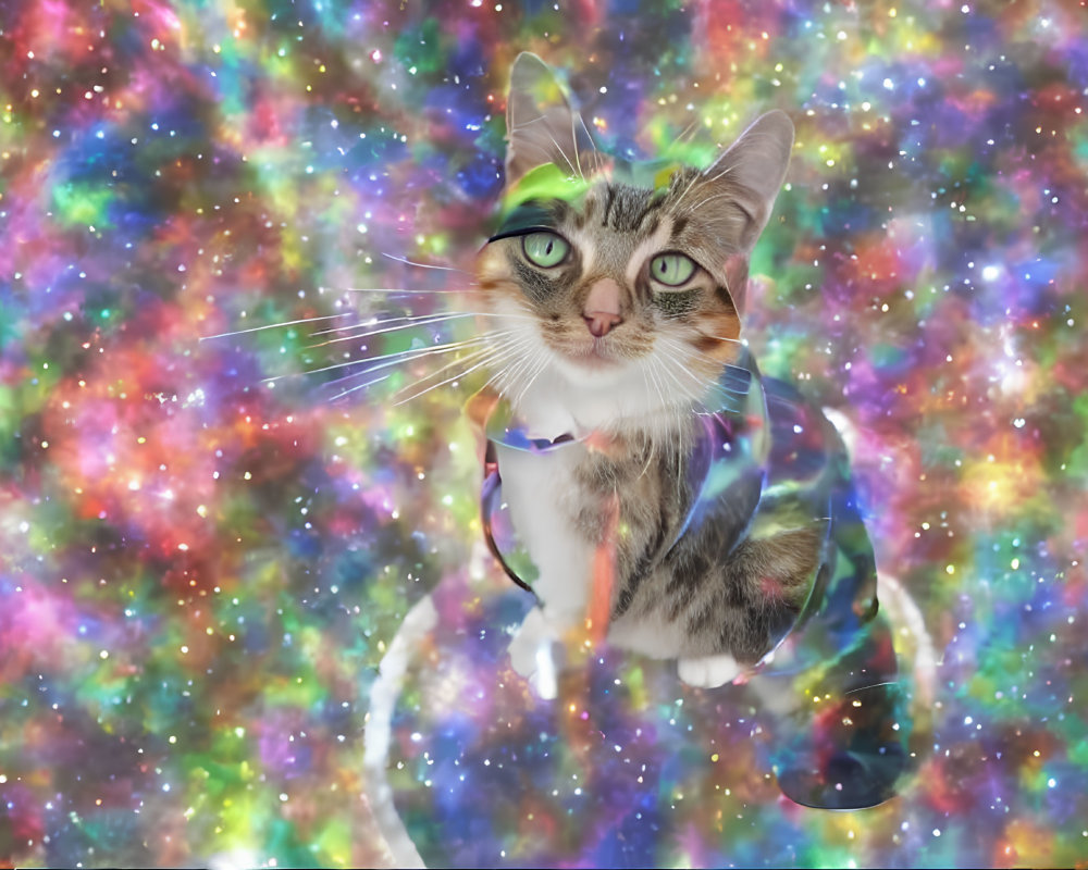 Colorful Cosmic Background with Whimsical Cat and Expressive Eyes