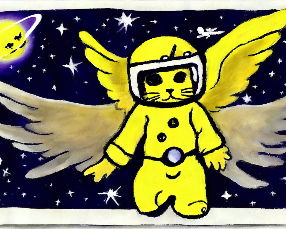 Illustration of winged cat astronaut in yellow suit with stars, planet, and figure.