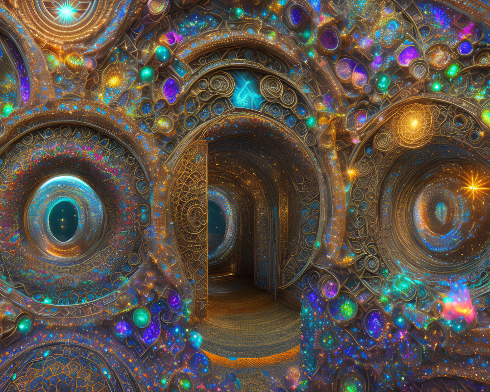 Colorful fractal design with swirling patterns and glowing orbs.