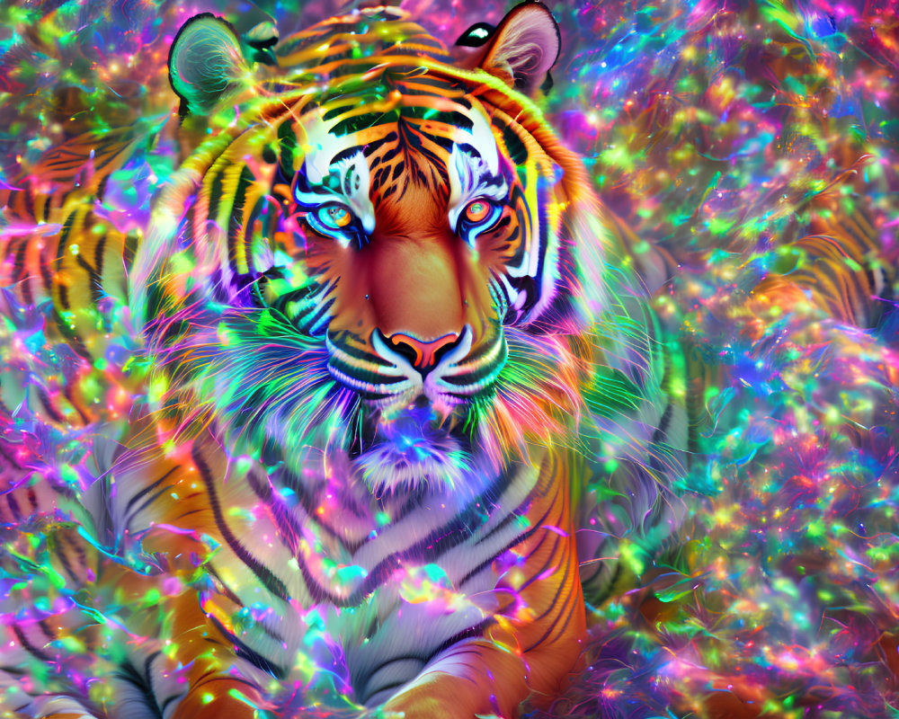 Colorful Tiger with Intense Eyes on Rainbow Background
