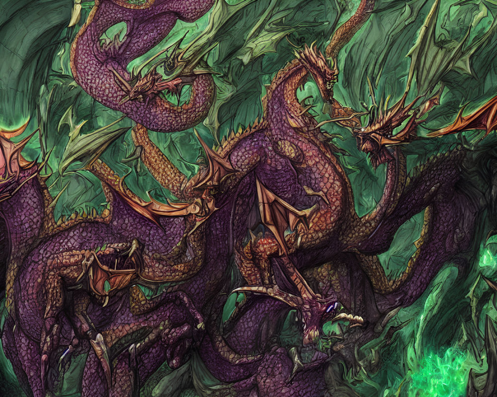Interwoven Purple Dragons and Orange Wings in Dark Green Mystical Forest