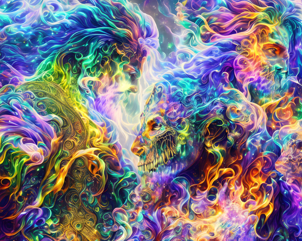 Colorful digital artwork featuring ethereal faces and swirling patterns.