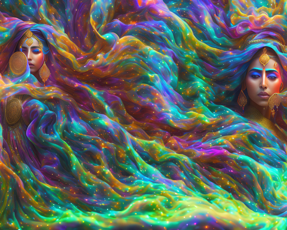 Ethereal women with ornate headpieces in vibrant cosmic backdrop