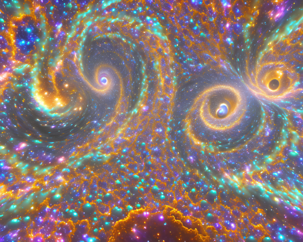 Colorful Cosmic Digital Art with Swirling Patterns in Orange, Blue, and Pink