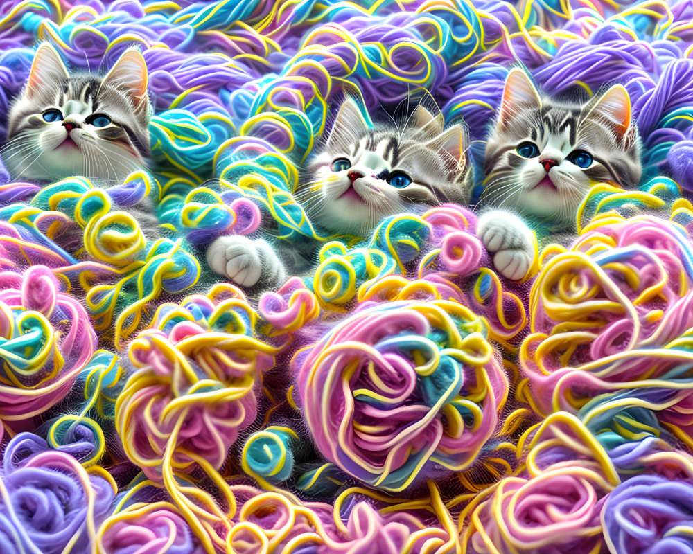Three cute kittens in colorful, abstract, whimsical landscape