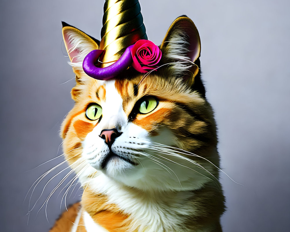 Digitally manipulated photo of orange and white cat with unicorn horn and purple rose