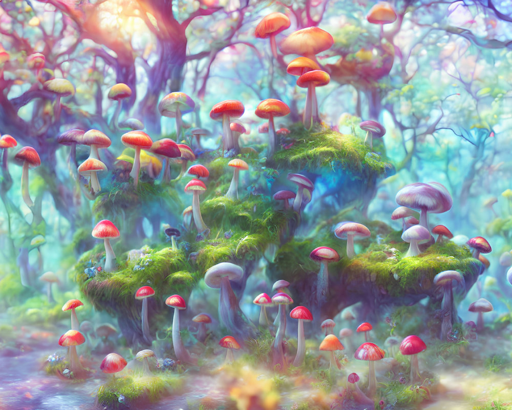 Colorful Oversized Mushroom Forest in Soft Magical Light