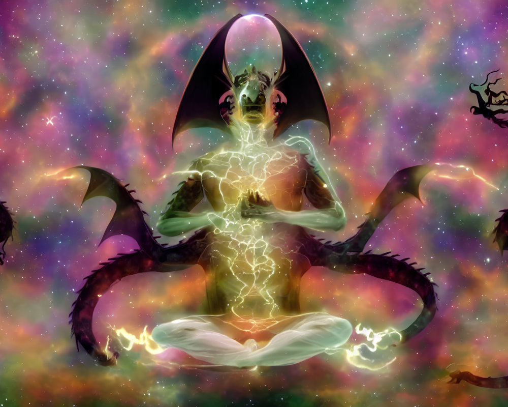 Mystical humanoid meditates among serpentine dragons in cosmic scene