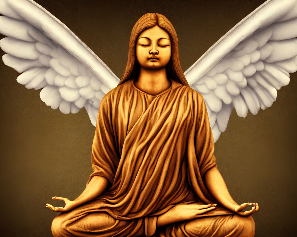 Meditating figure with wings in lotus position on golden background