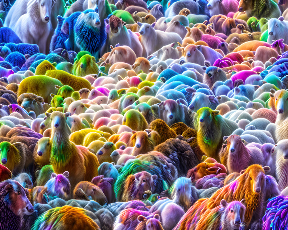 Vibrantly Rainbow-Colored Sheep Herd in Dense Formation