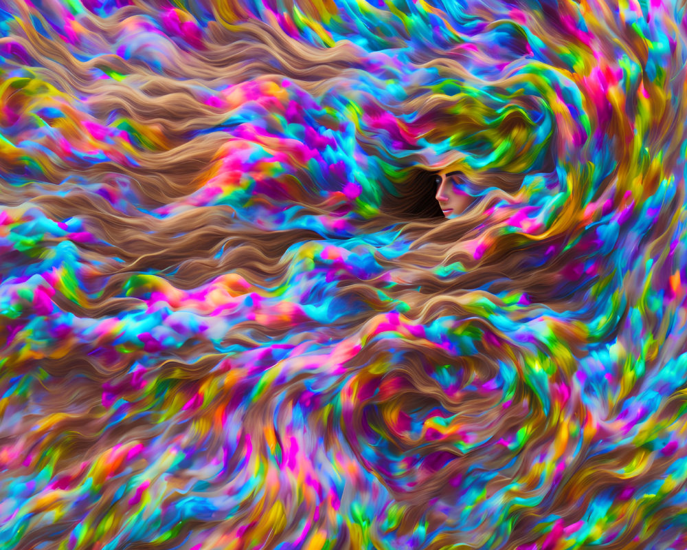 Abstract colorful swirl surrounding a human eye in vibrant art