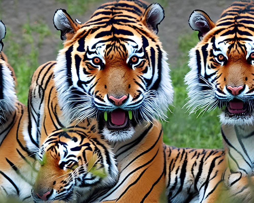 Three Tigers Resting in Grass, Two Facing Camera