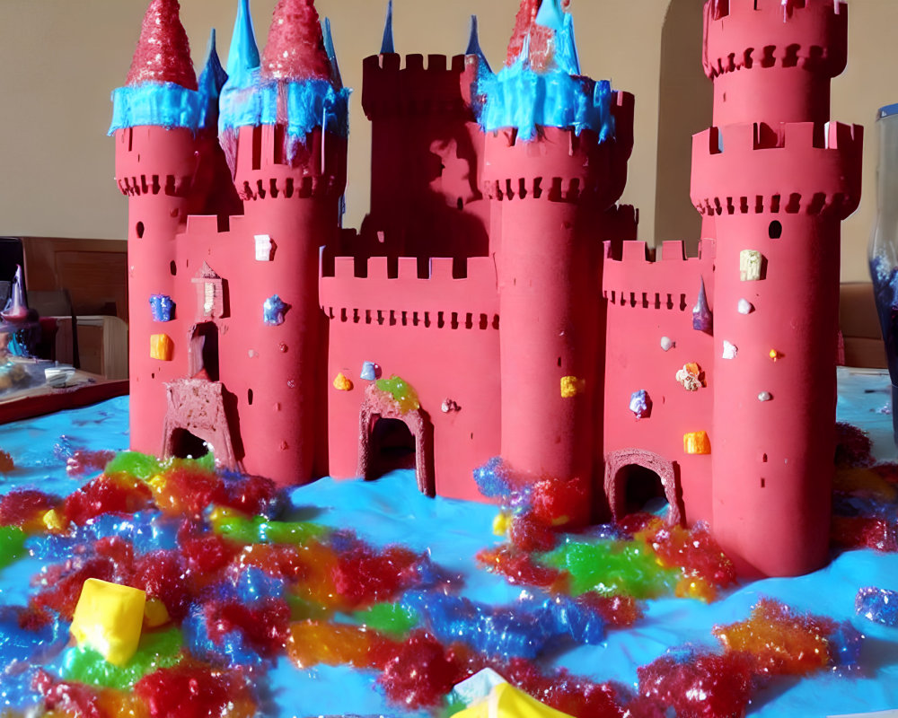 Colorful Red Castle Model with Blue Towers on Textured Moat Display