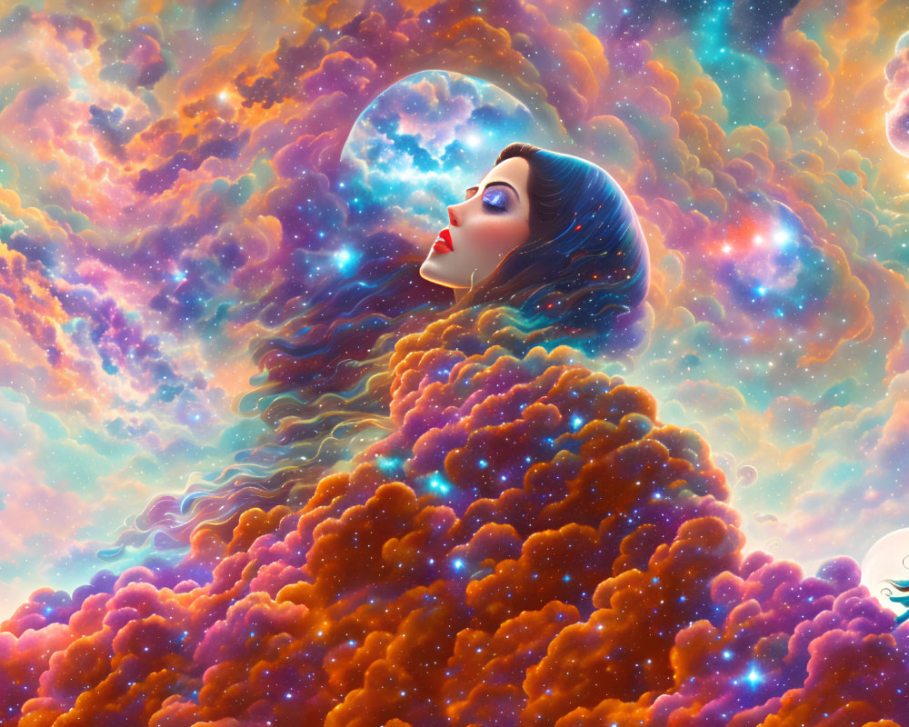 Woman's face merges with cosmic clouds amidst celestial bodies and a surfer.