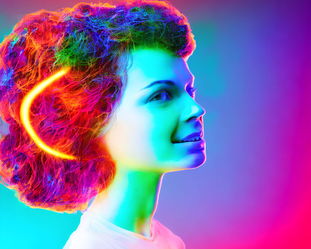 Vibrant neon-lit profile portrait of smiling woman