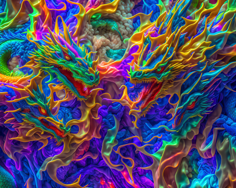 Colorful Stylized Dragons Art Against Abstract Background