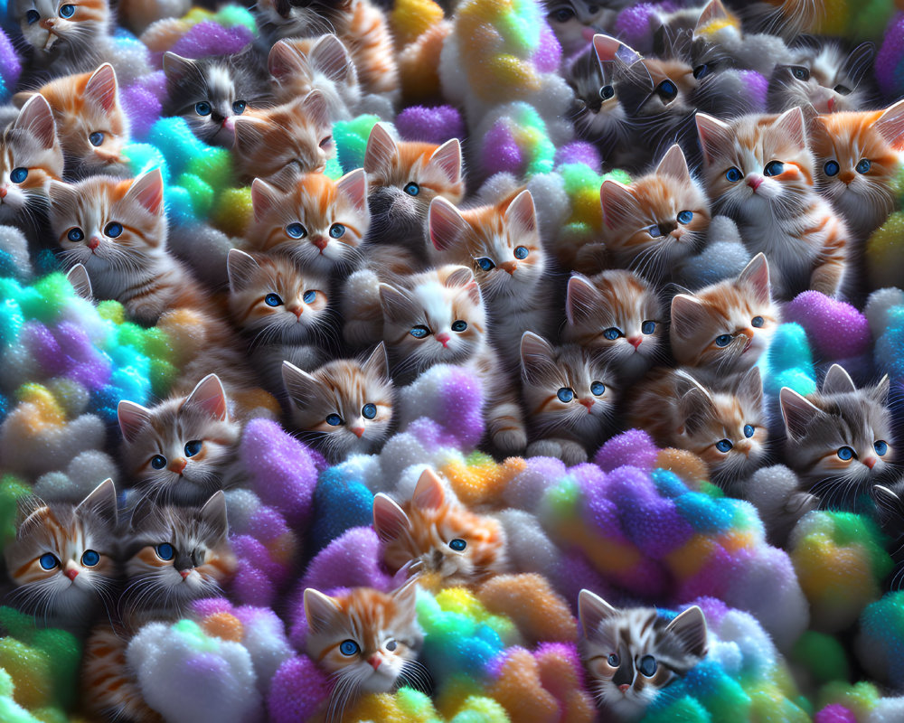 Realistic kittens and colorful pom-poms create vibrant texture