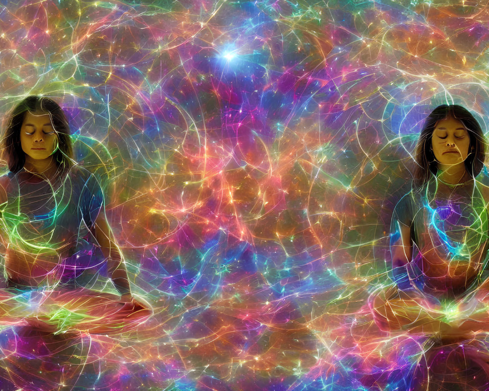 Two people meditating surrounded by vibrant light patterns and glowing orbs