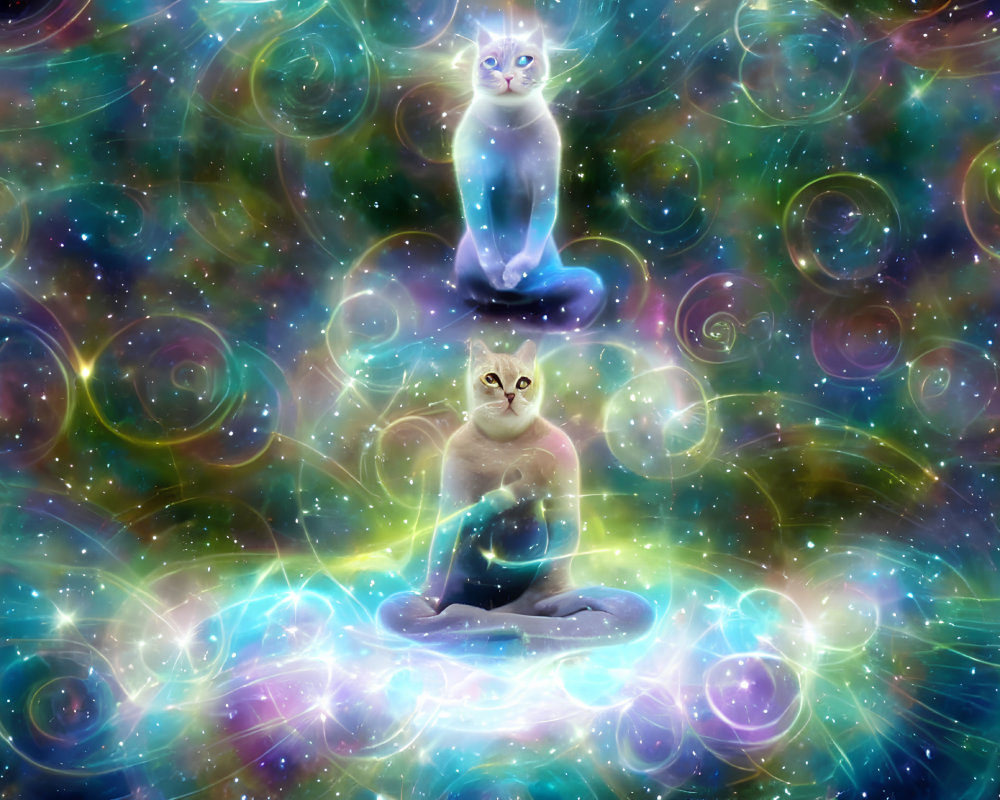 Fantasy-inspired image of two cats meditating in cosmic background