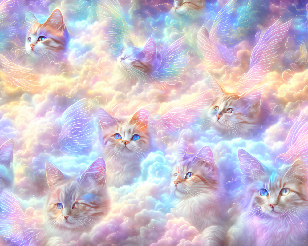 Fantasy illustration of winged cats in dreamy sky