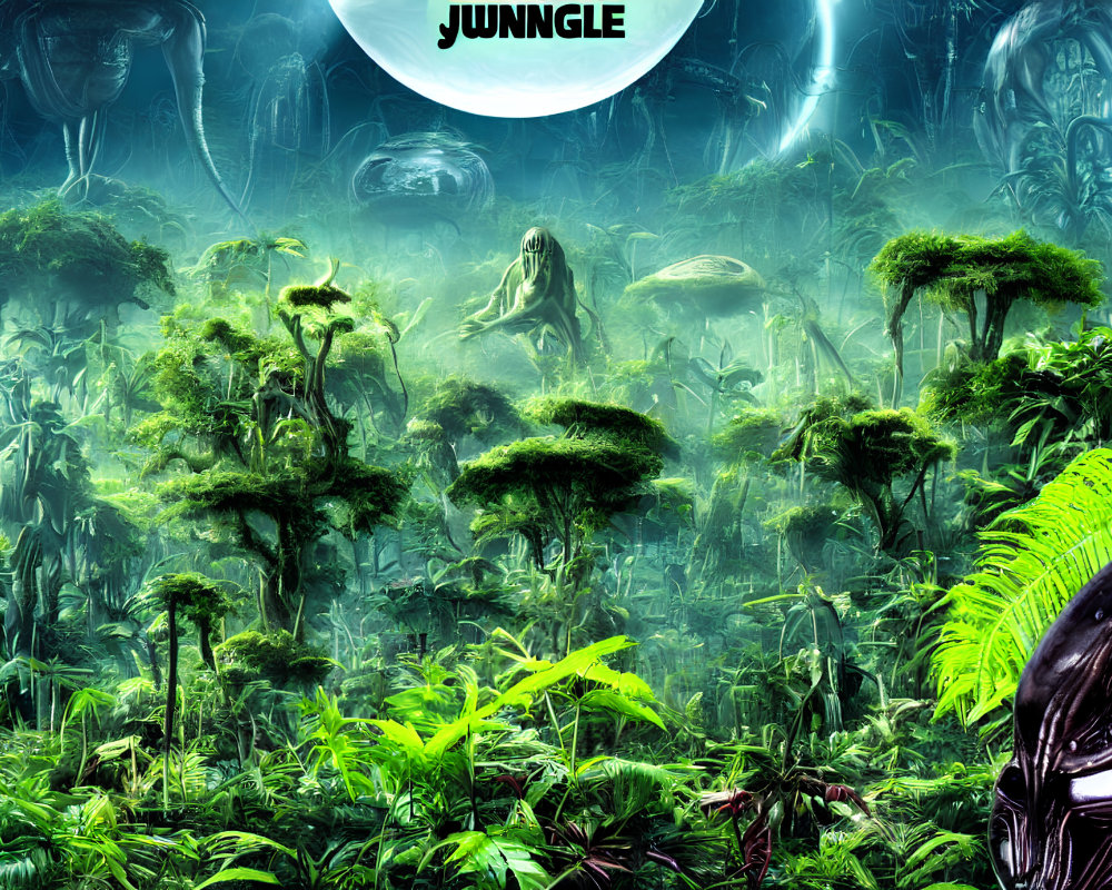 Detailed digital art: Dense futuristic jungle with alien structures and vegetation under a large moon.