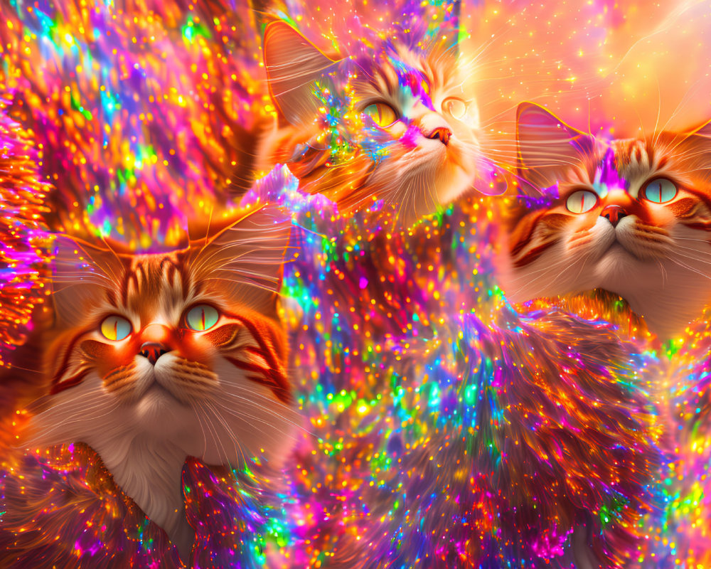 Vibrant Cosmic Background with Three Glowing-Eyed Animated Cats
