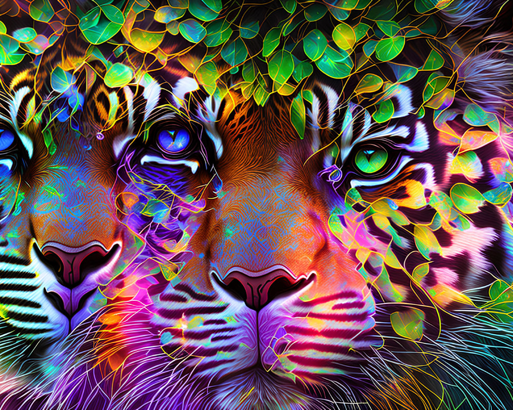 Vibrant Psychedelic Digital Art: Two Tigers in Kaleidoscope of Colors