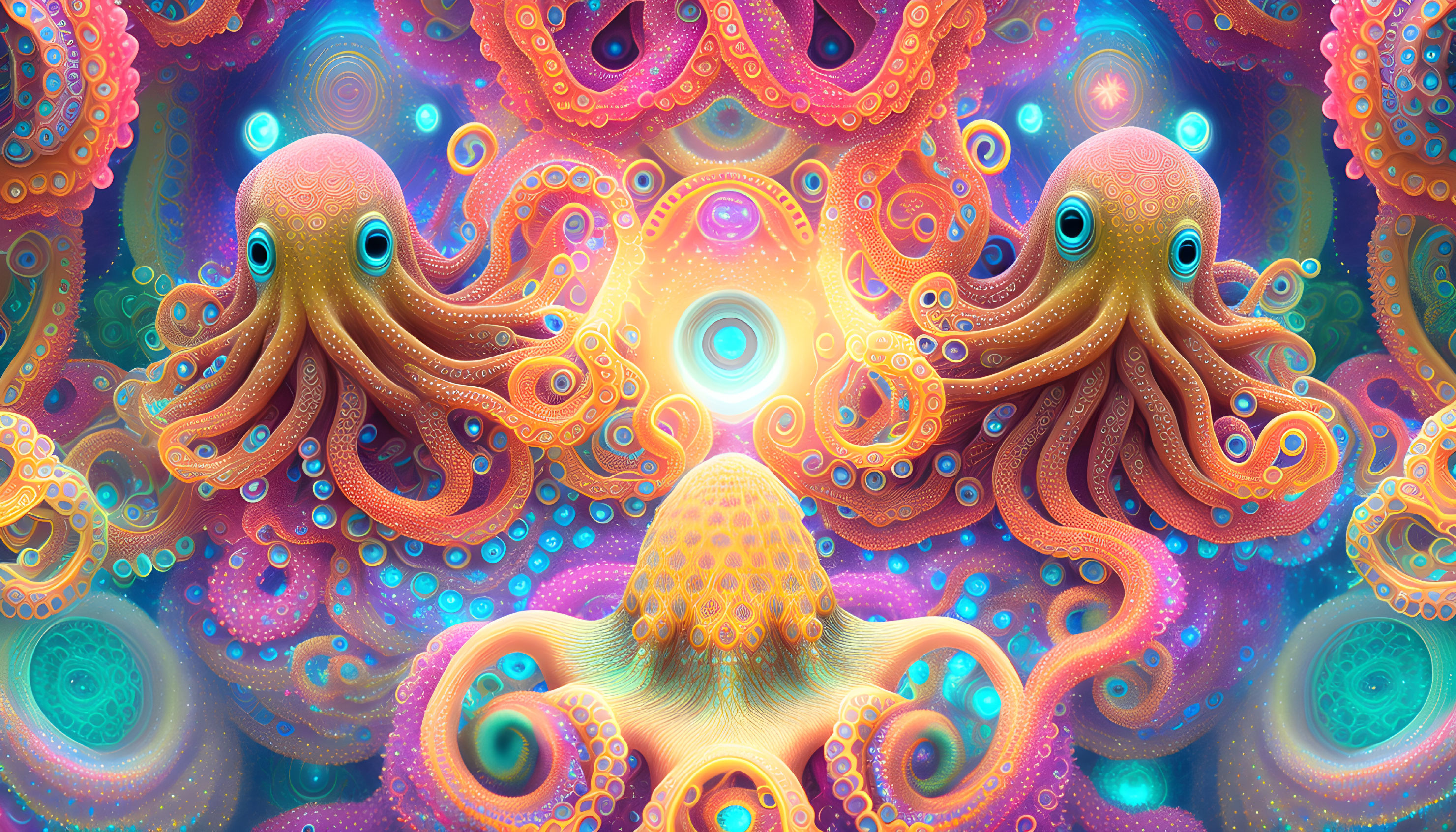 Colorful digital artwork: Two stylized octopuses in intricate patterns amid psychedelic swirls.