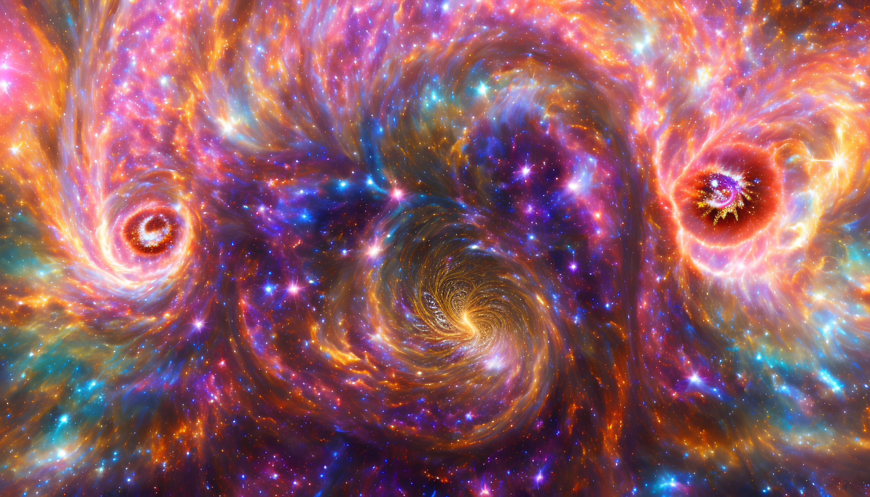 Colorful swirling galaxies and stars in vibrant space scene.