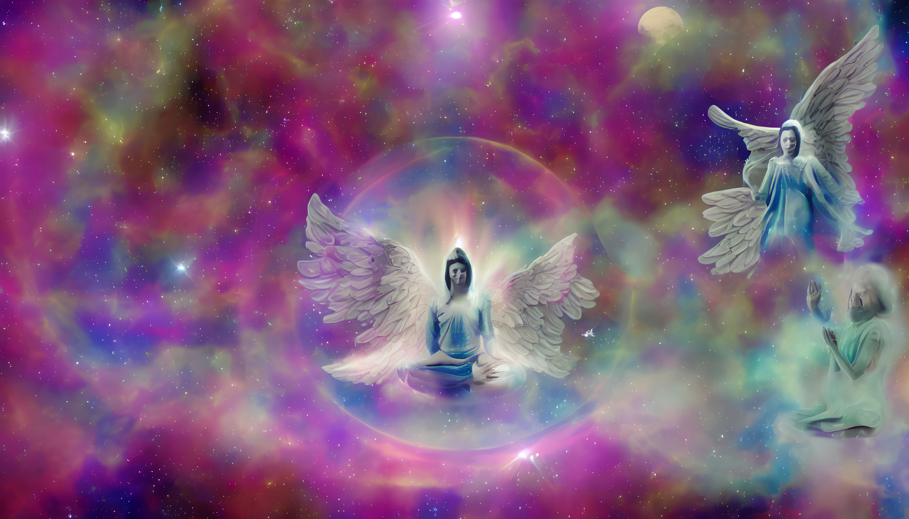 Celestial digital artwork: meditating figure with wings in bubble, surrounded by angelic statues, stars