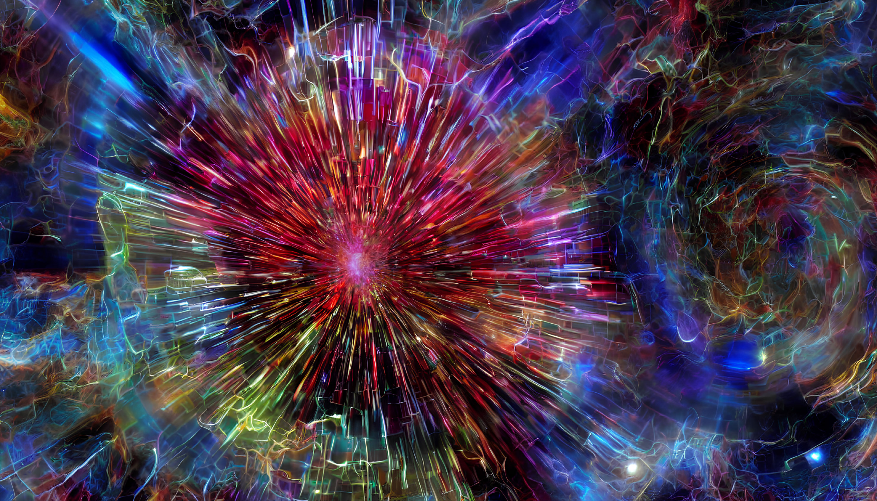 Colorful digital art: Abstract cosmic energy burst with vibrant light streams