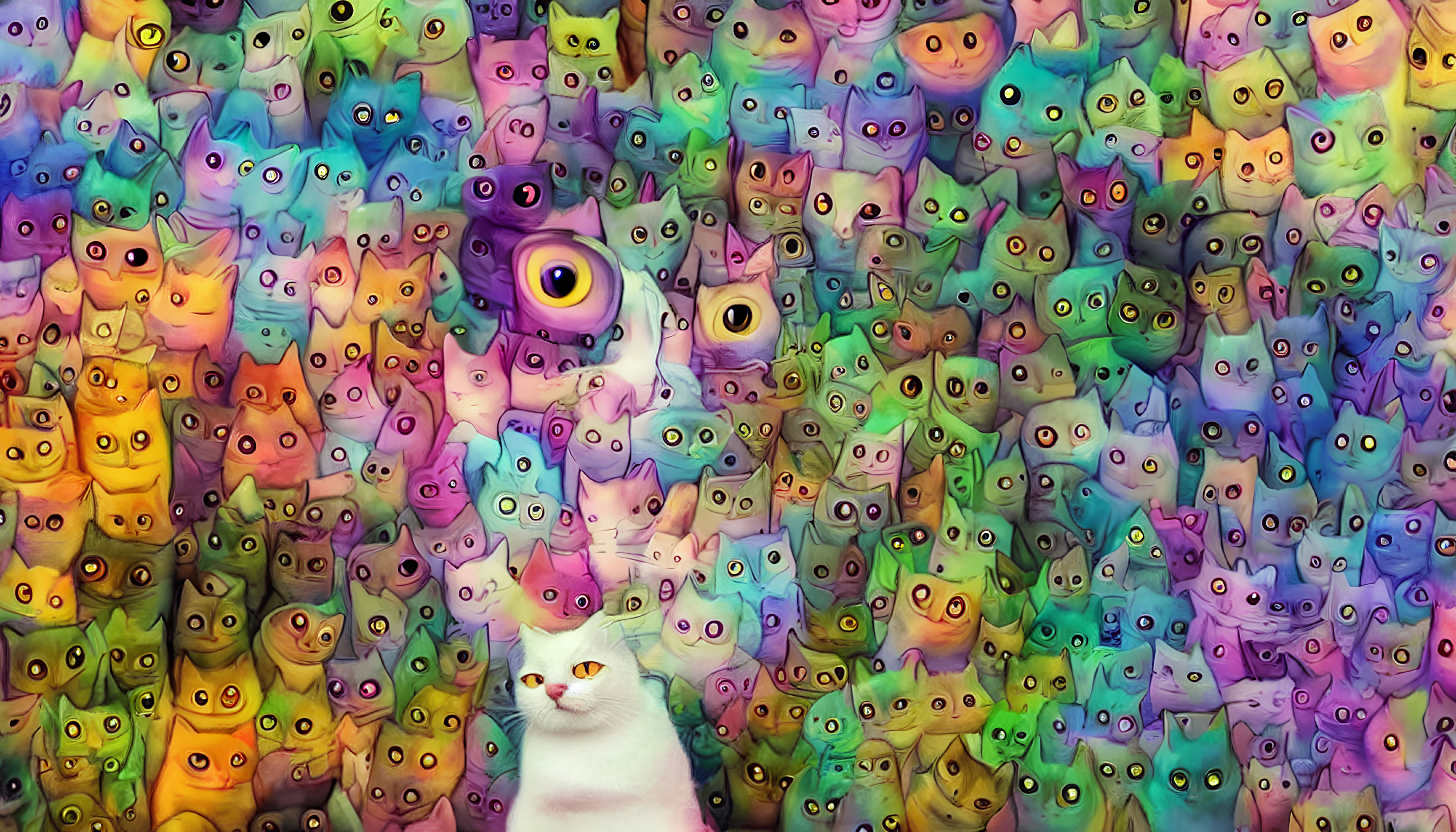 White Cat Surrounded by Whimsical Creatures on Colorful Background