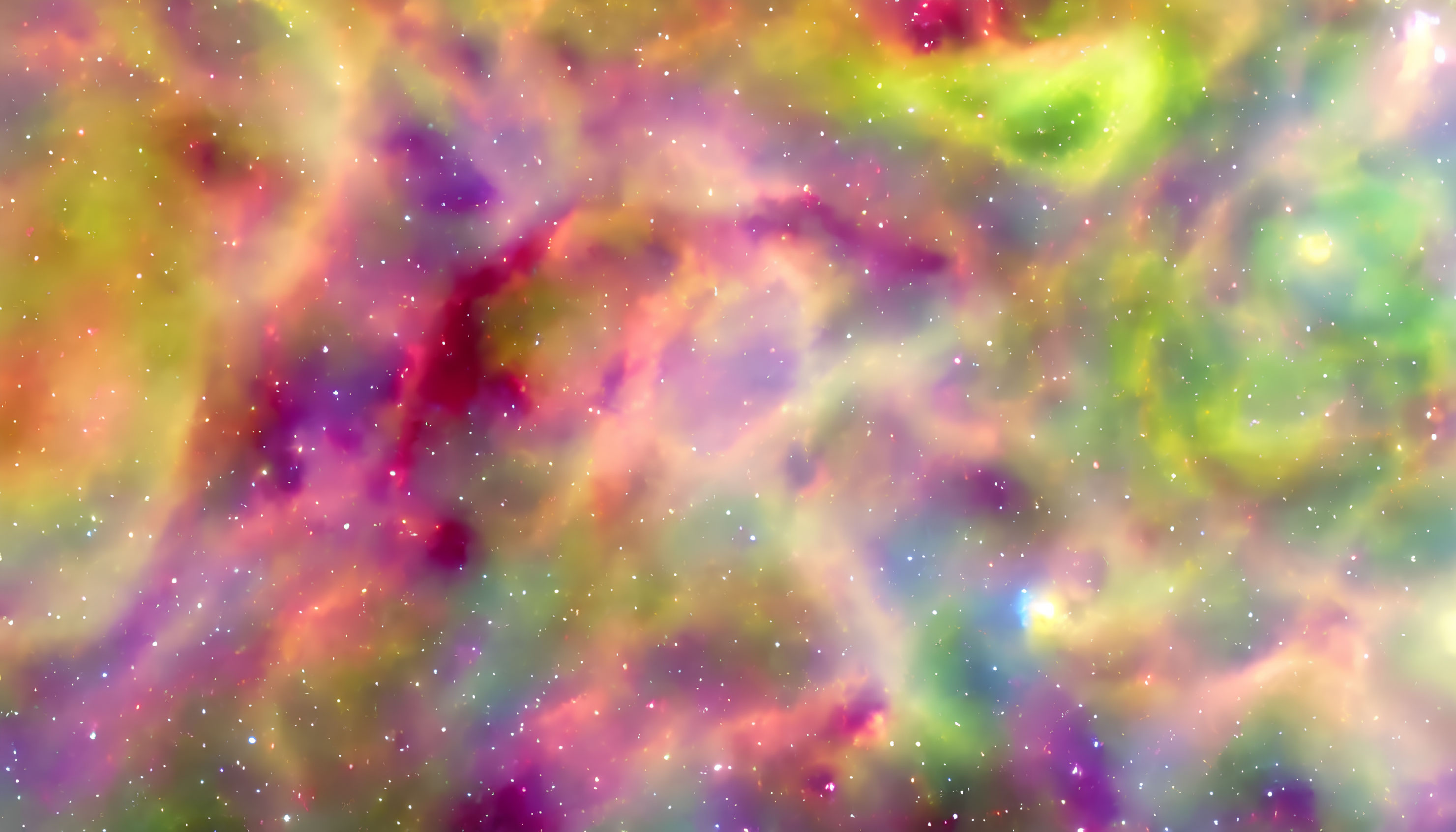 Colorful Nebula Image with Swirling Purple, Pink, Green, and Yellow Hues