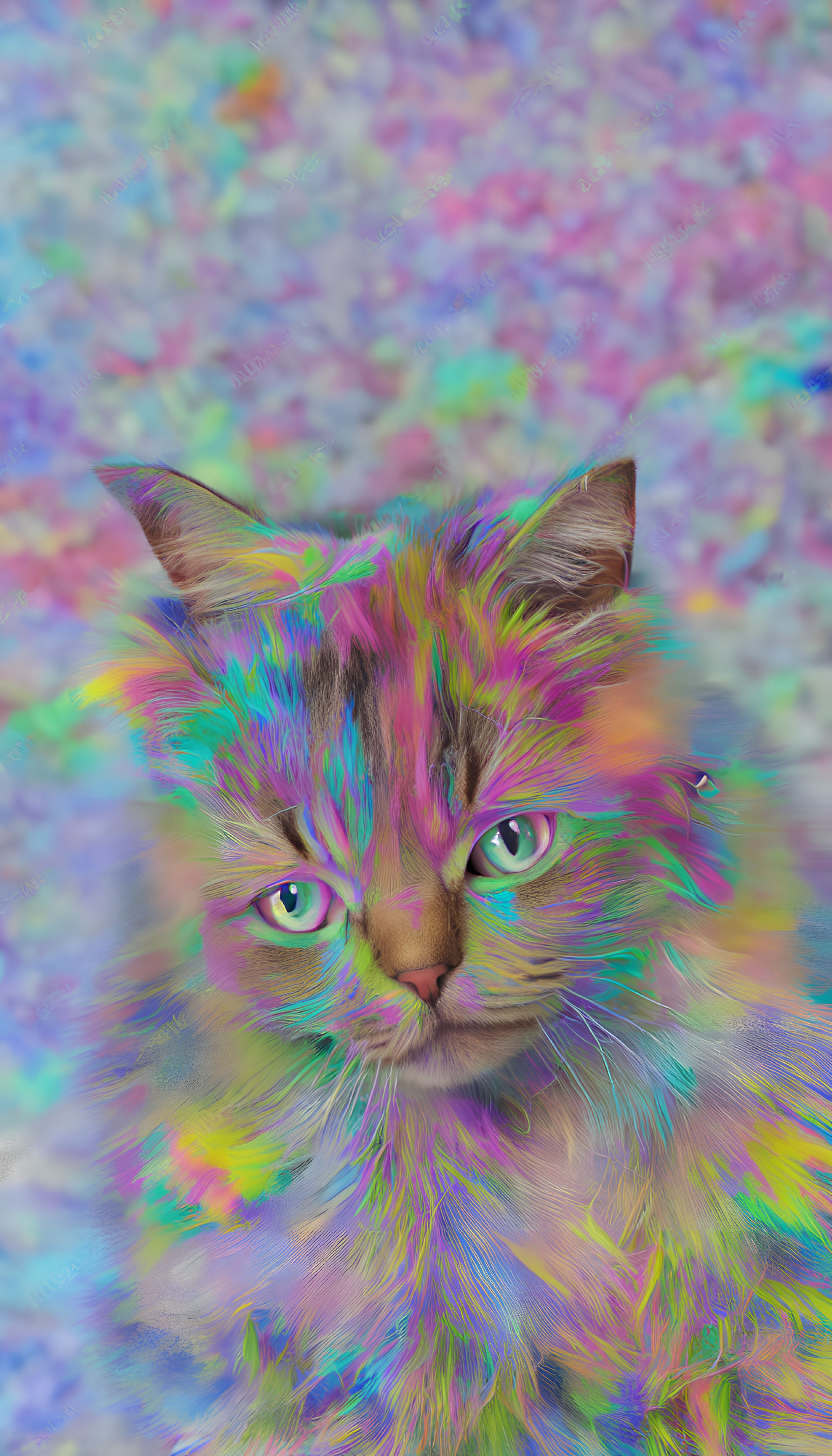 Multicolored cat with pink, blue, and green fur and intense green eyes
