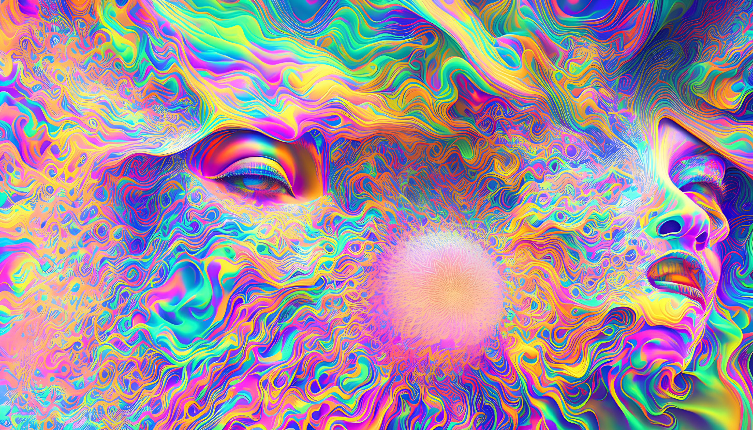 Colorful Abstract Art with Psychedelic Patterns and Human Faces