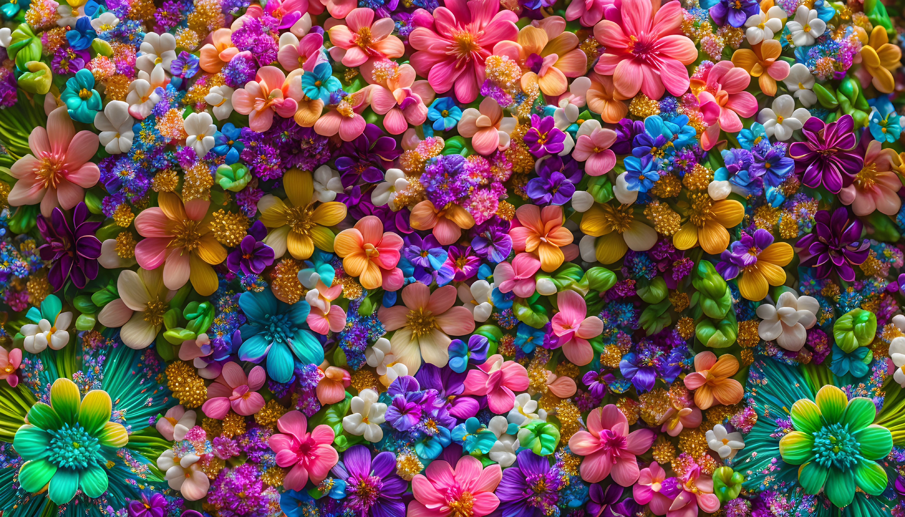 Colorful Close-Up of Various Flowers in Pinks, Blues, Yellows, and Purp