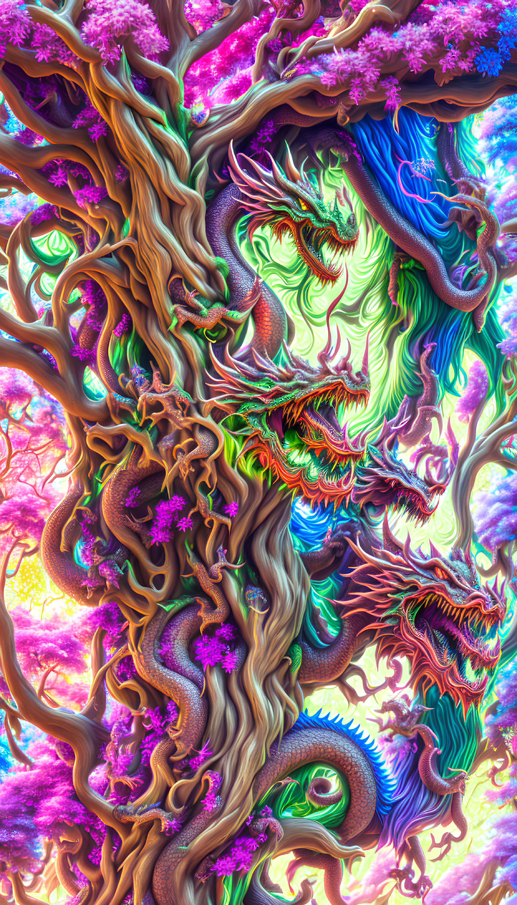 Colorful Psychedelic Artwork: Intertwining Tree Roots and Swirling Patterns