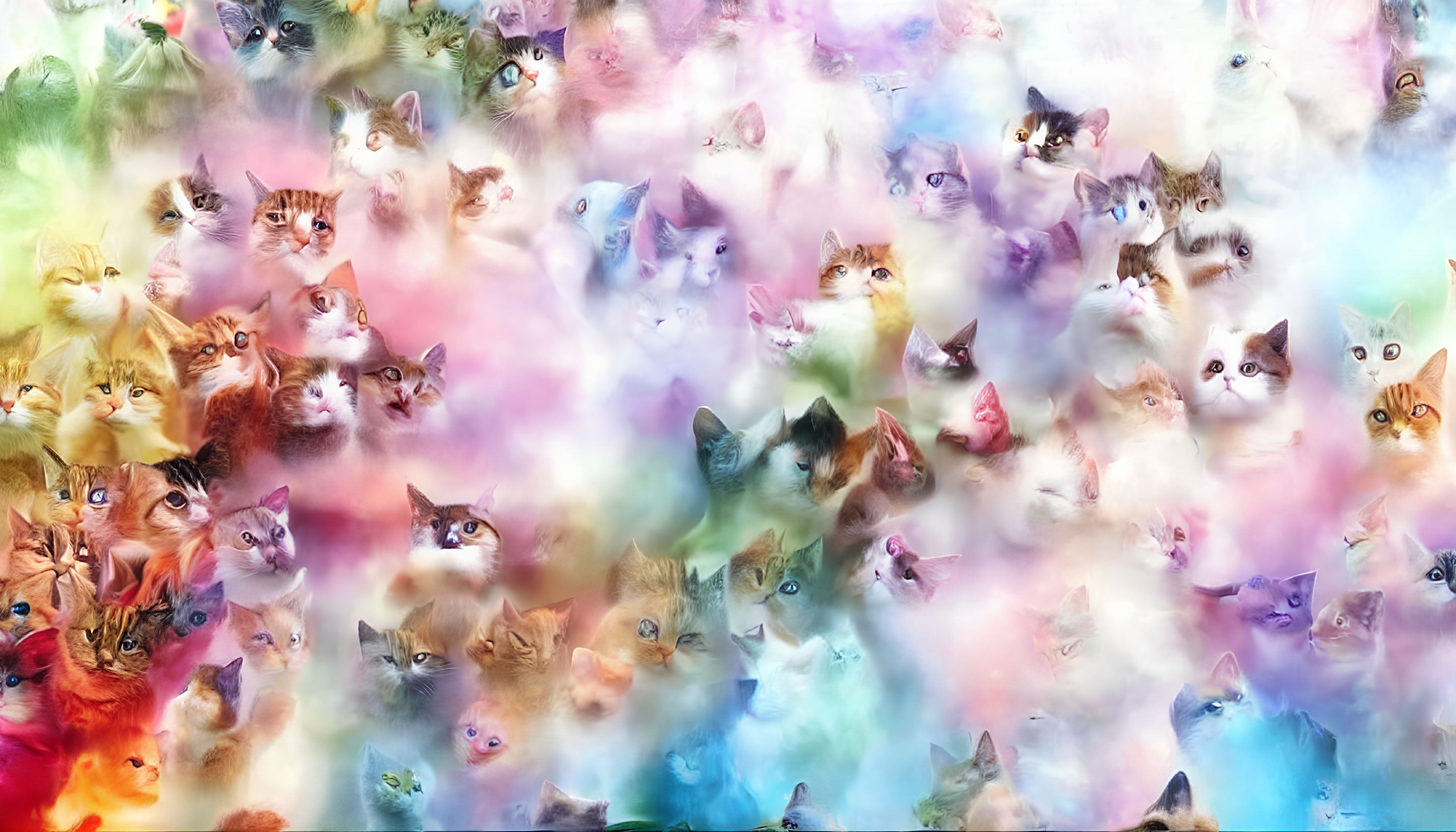 Multicolored cat faces collage on pastel cloud background