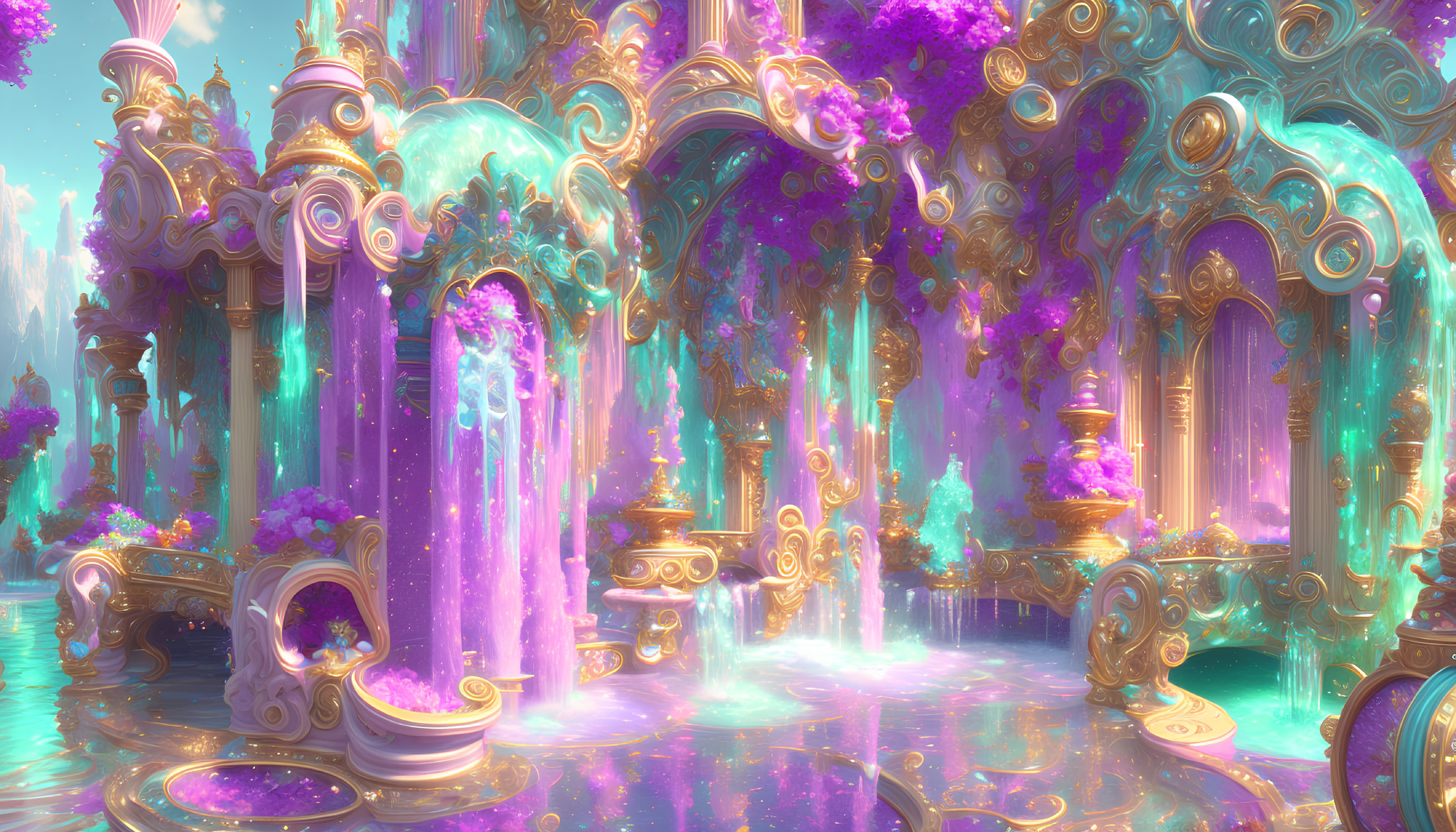 Surreal palace with golden and purple architecture, waterfalls, and glowing light