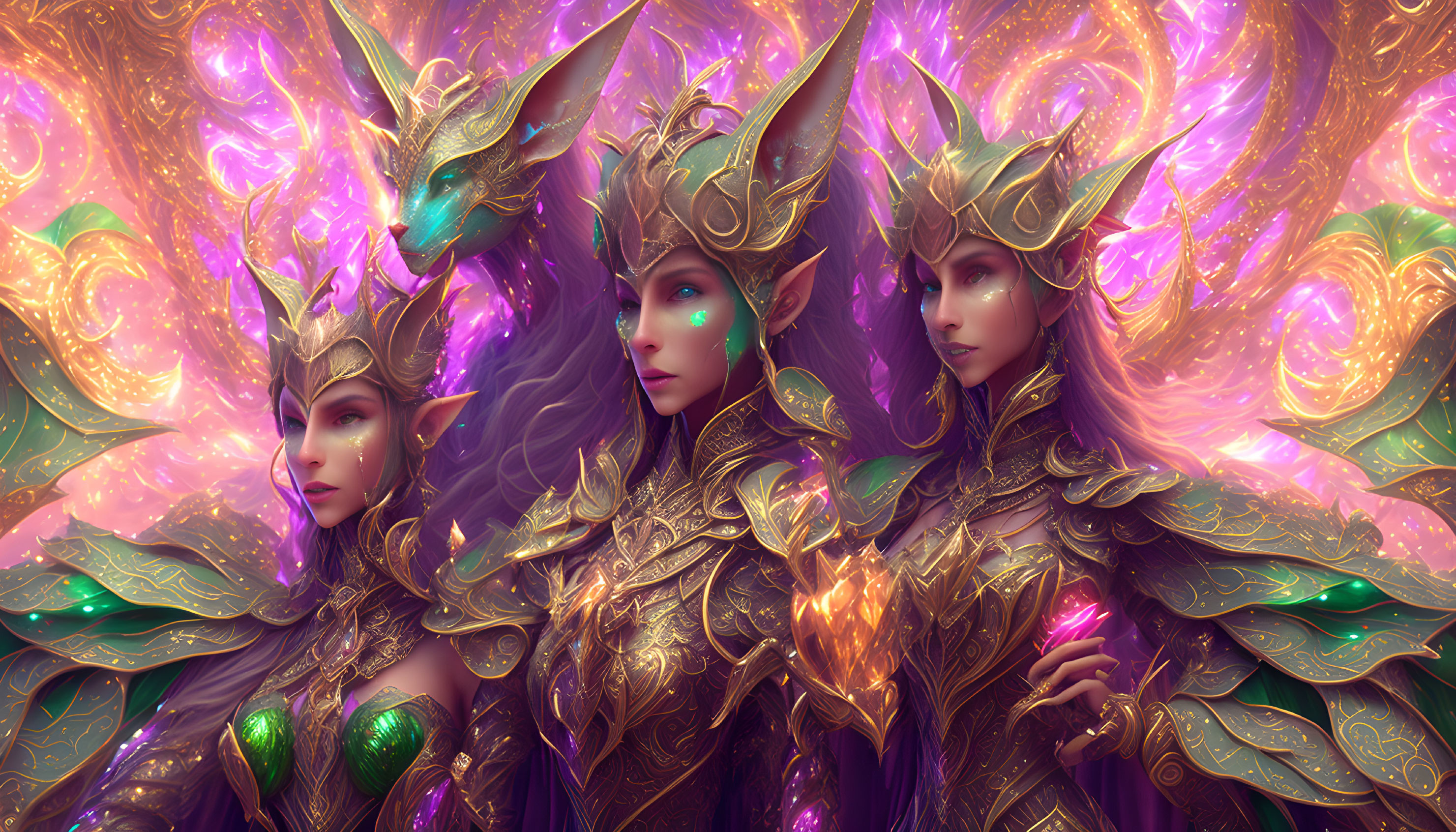 Three mystical female figures in ornate golden armor and headdresses, enveloped in swirling pink and purple