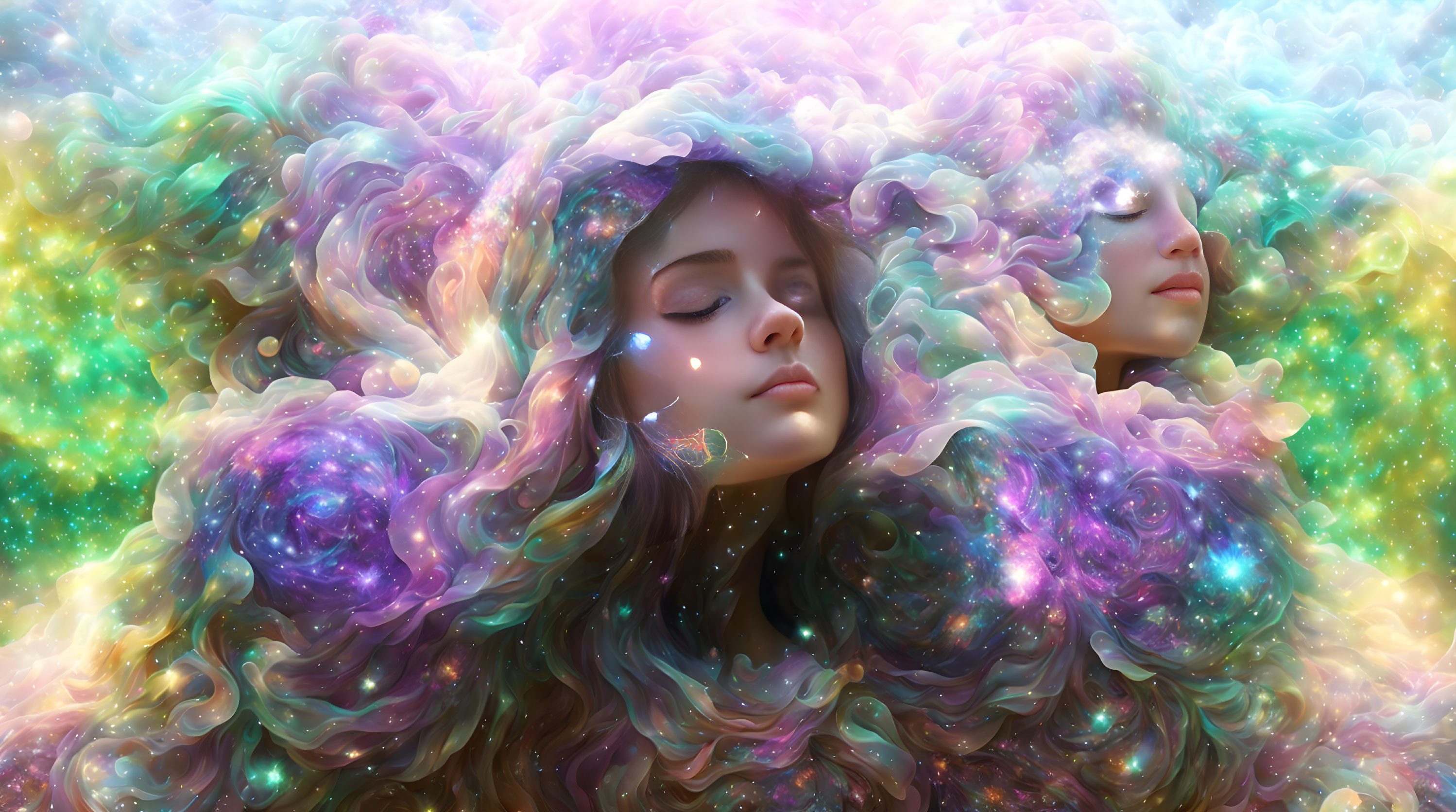 Ethereal figures in serene cosmos-inspired dreamscape